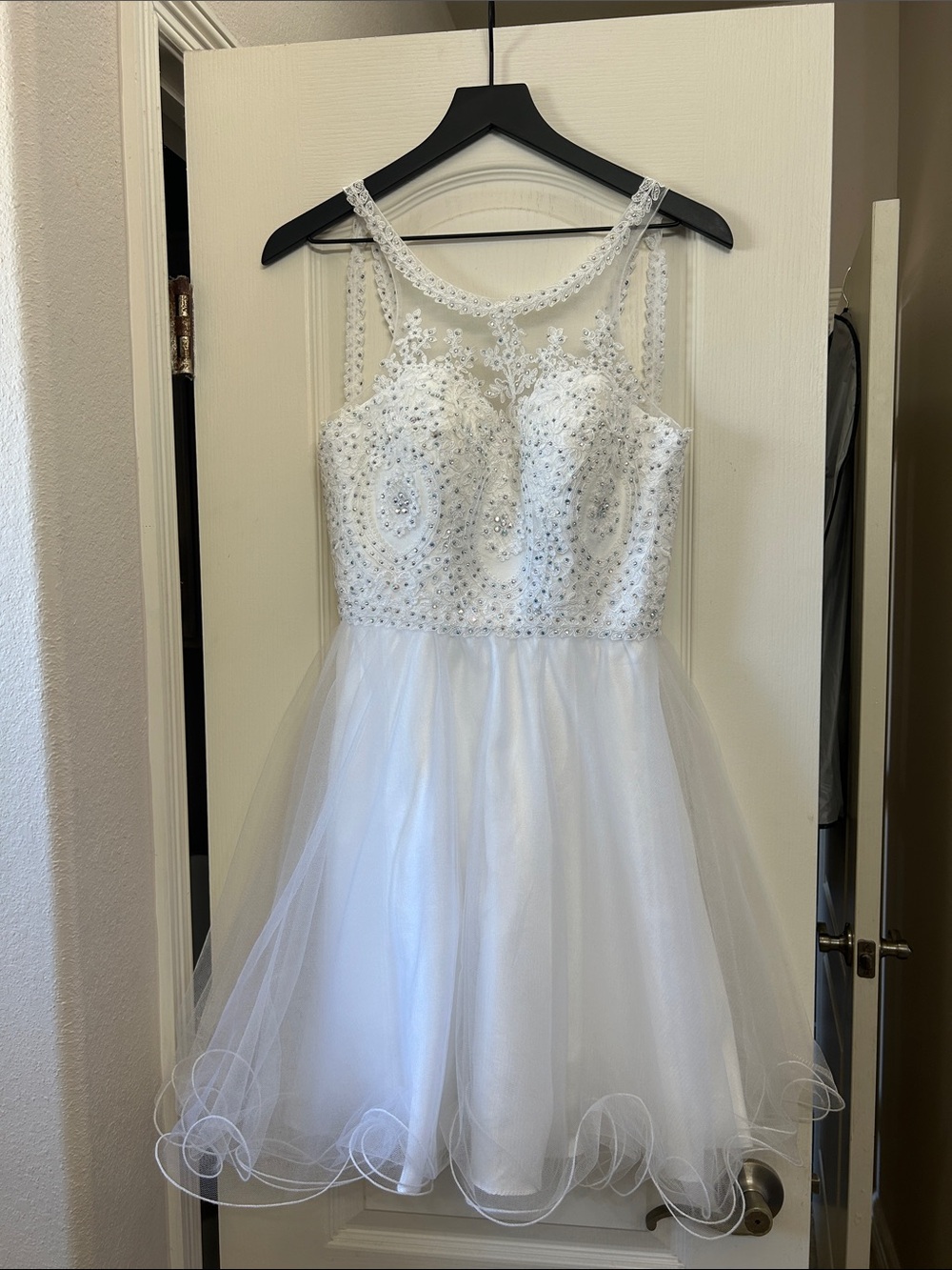 Crystal-Embellished White Tulle Formal Dress with Illusion Straps